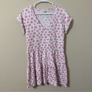 Cotton On Dress White Pink Floral Rolled Cap Sleeves V-Neck Trendy Retro Hippie